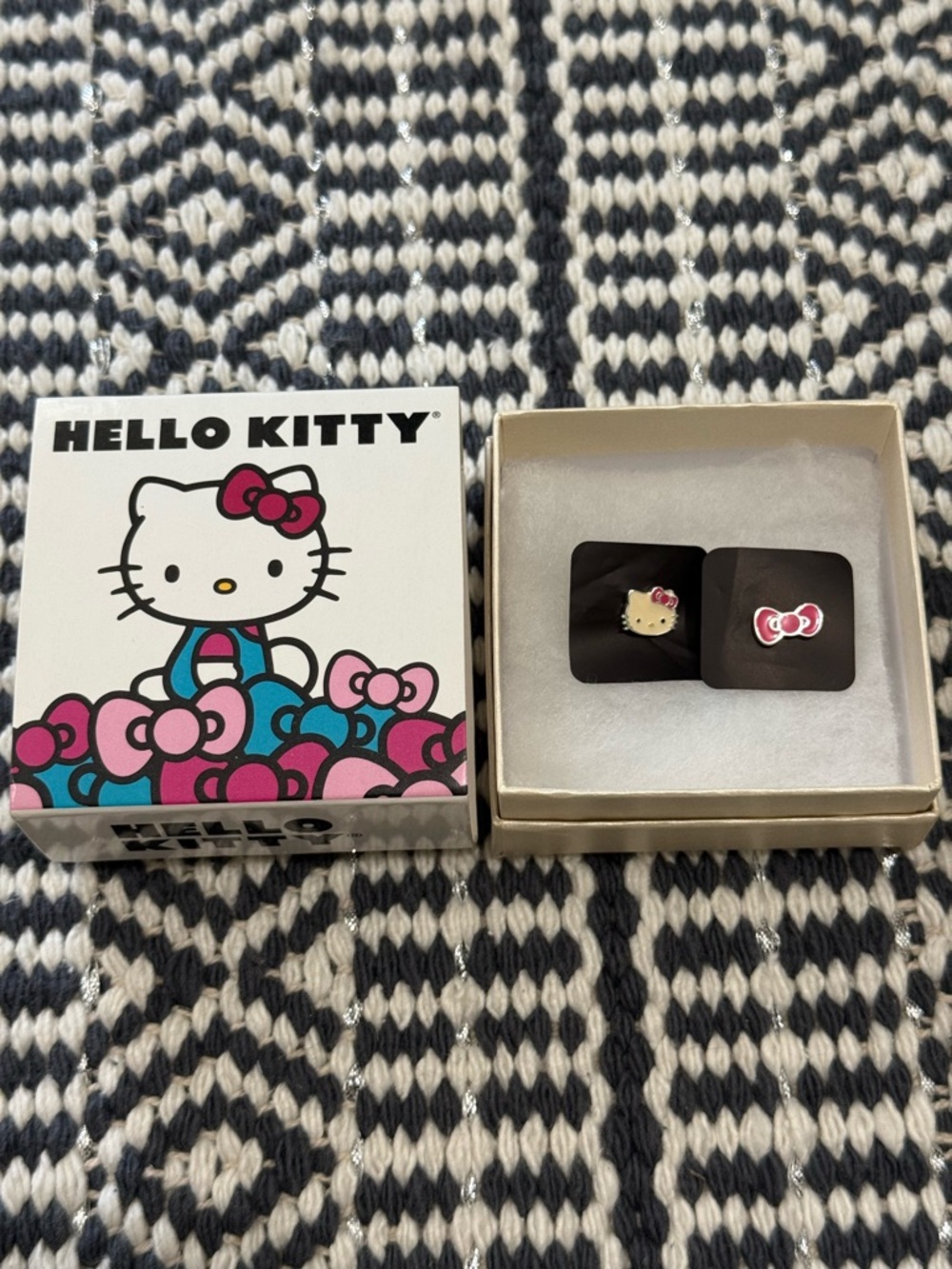 925 Sterling Silver Sanrio Hello Kitty Pink Face and Bow Stud Earring Set